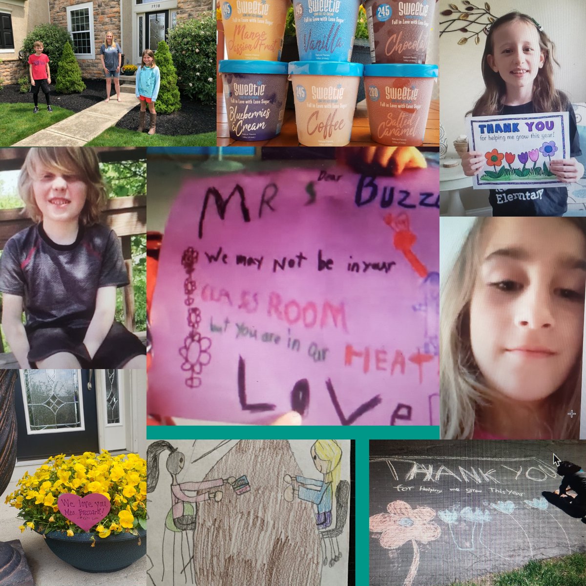 Mrs_Buzzard's tweet photo. "We may not be in your classroom, but you are in our hearts." Wise words from a 1st grader! I was showered with emails, video messages, chalk drawings, front porch flowers, and an icecream delivery! 
#TeacherAppreciationWeek2020
#IREfamily @ireDCSD  @DublinSchools https://t.co/SY6H8x2Tpj