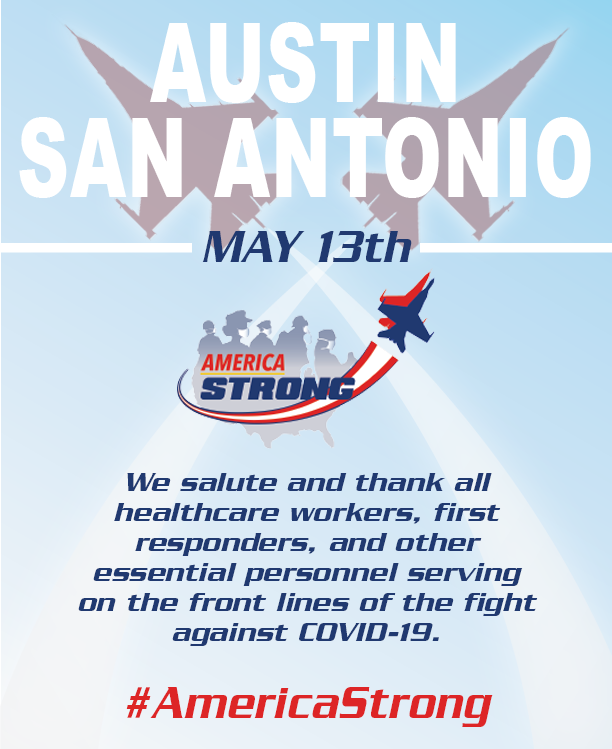 #AmericaStrong Announcement

San Antonio &amp; Austin Flyover Date Change

Was: Tuesday, May 12th
Now: Wednesday, May 13th
Reason: Forecasted inclement weather ⛈ 

Full Release: afthunderbirds.com/site/2020/05/0…