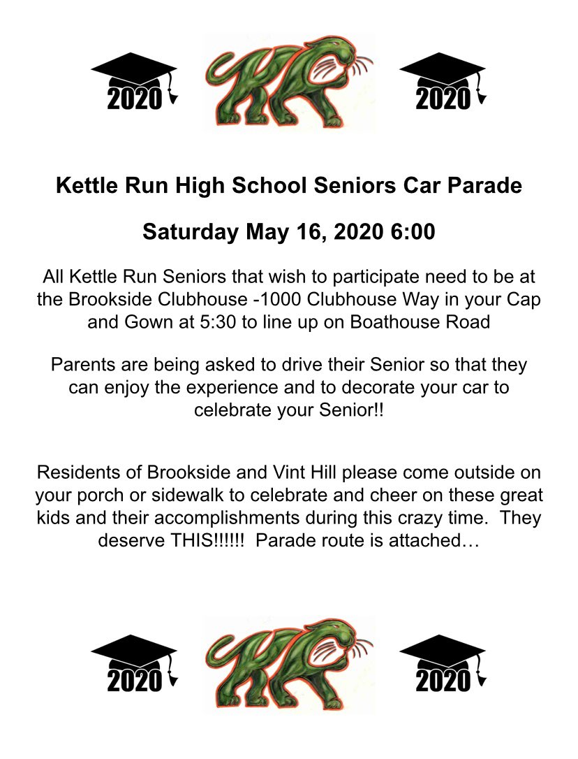 rlg1004's tweet photo. **Please Retweet**

Attached is the flyer and parade route for the KR HS Seniors Parade. Please share with any Senior that would like to participate AND share so that we have as much community participation as possible cheering on these deserving kids!!! 🎓🎓 @KettleRunNews https://t.co/ejPQ5yMz3d