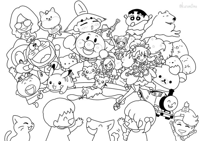 子供の絵 4キャラクター A4サイズ ぬりえを作りました。プリントアウトしたり、デジタルで色塗りし