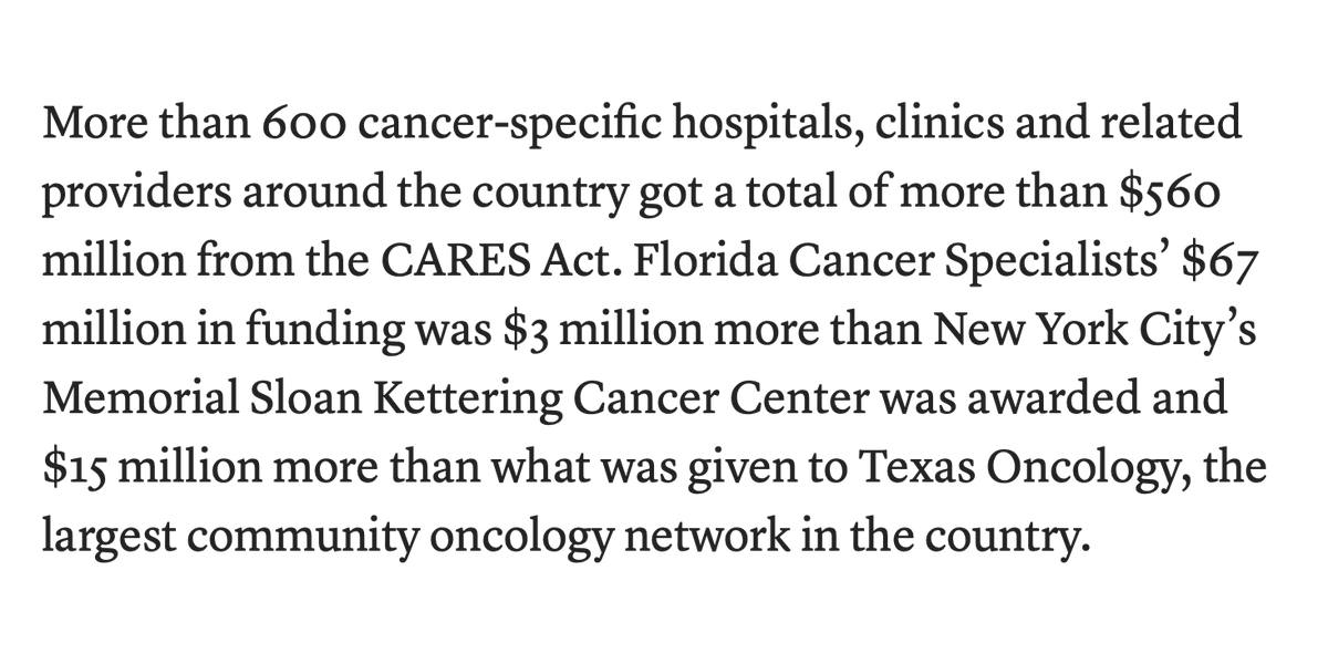 "Florida Cancer Specialists received more money from the first round of CARES Act funding than any other cancer-specific hospital, clinic or related provider around the country...[and] the eighth most funds of any provider who has been awarded funding so far."