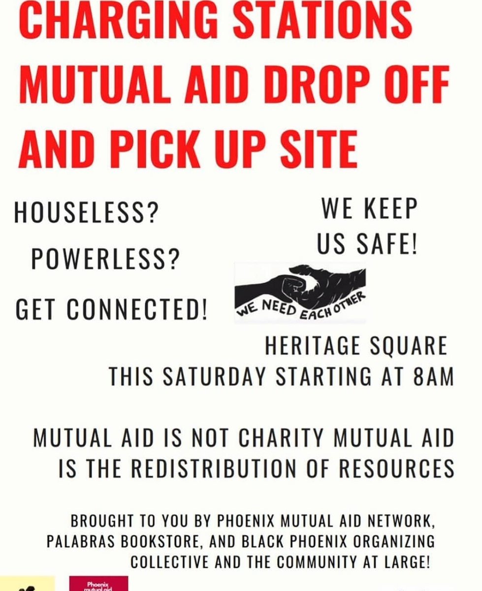 phxcommune's tweet photo. We are collaborating with Mutual Aid Phoenix to distribute our aid packs and help those who don't have access to charging devices. We will be at Heritage Square Saturday, May 9 starting at 8am. Please stop by if you need to, and stay safe! https://t.co/yV70BsdBt8