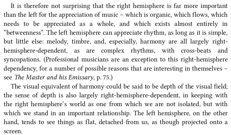 Further on music & art, and the extent to which both of them rely on the betweenness & relationality that characterizes the right hemisphere's perspective.