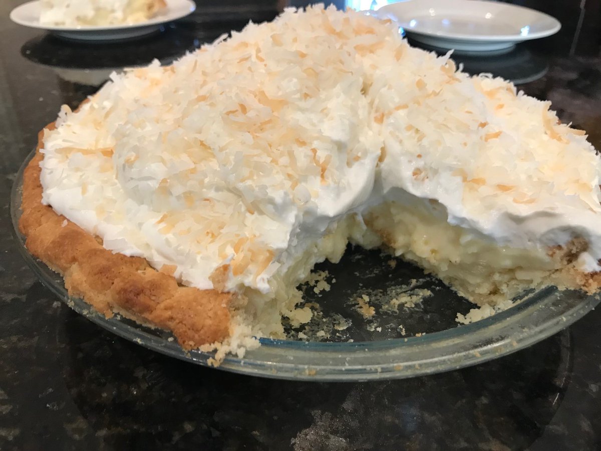 dastardlydesco's tweet photo. Grandkid made her first coconut cream pie! #kidcooking #pies https://t.co/gAQGUYWcUM