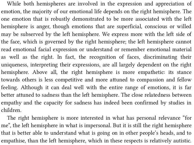 On emotion—anger is lateralized to the left, but everything else to the right, including empathy. https://twitter.com/Malcolm_Ocean/status/1113149277566570502