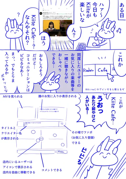 Kiiteの新機能、「Kiite Cafe」が大変楽しいので漫画を描きました①みんなでみんなのお気に入りの曲を聞ける!推し曲を布教できる!おしゃべりもできる!楽しいのでオススメですぞ～!#Kiite 