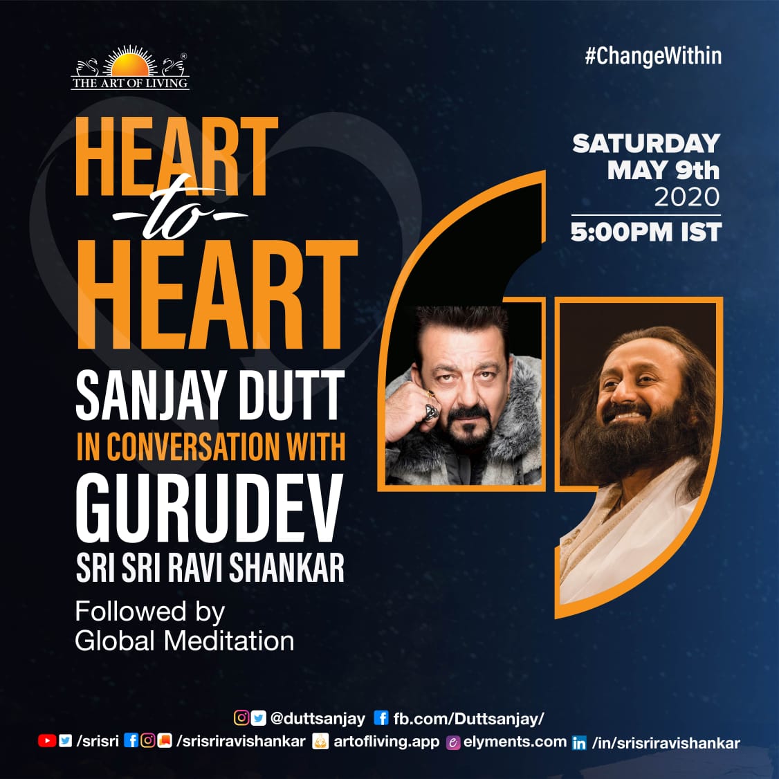 Catch me Live today at 5PM in a heart to heart conversation with Gurudev @SriSri! 
@ArtofLiving #ChangeWithin