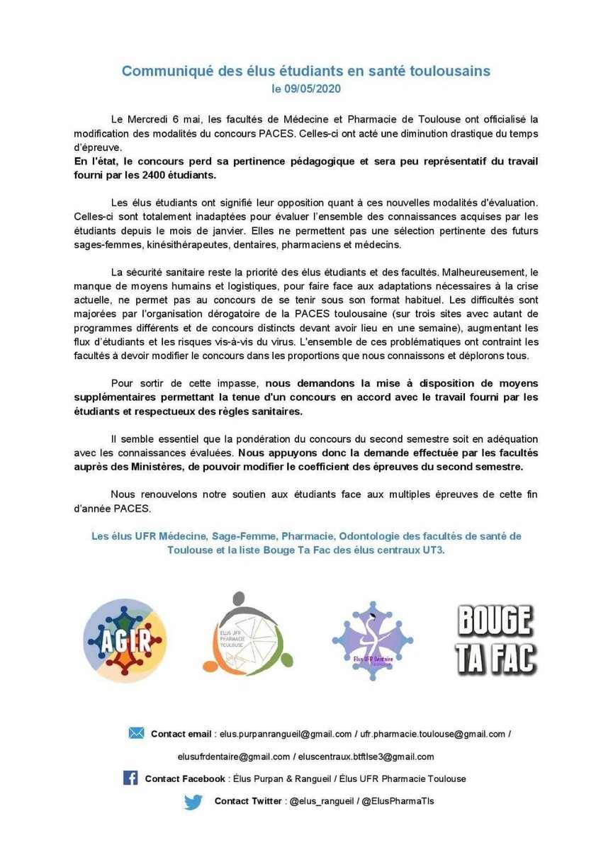 Les nvlles modalités du cc #PACES à <a href="/UT3PaulSabatier/">UT3 Paul Sabatier</a> sont inadmissibles. Pour garantir un cc respectueux des règles sanitaires et du travail des étudiants, nous demandons au <a href="/gouvernementFR/">Gouvernement</a> :
👉 de donner des moyens supplémentaires aux facs
👉de permettre une adaptation des coeff