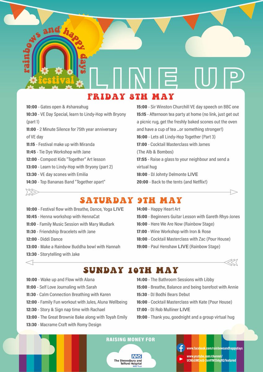 DaysFestival's tweet photo. It's day 2 of our virtual festival and it's looking like a beautiful day ... Come and join us for a yoga, dance, music, song, Storytelling, a guitar leaaon, arts &amp; crafts, delicious food, wine tasting, cocktails and our sat night live headliner 🌈🧡🎶 
#shareahugforsath @sathNHS https://t.co/cEcUx9aUSZ