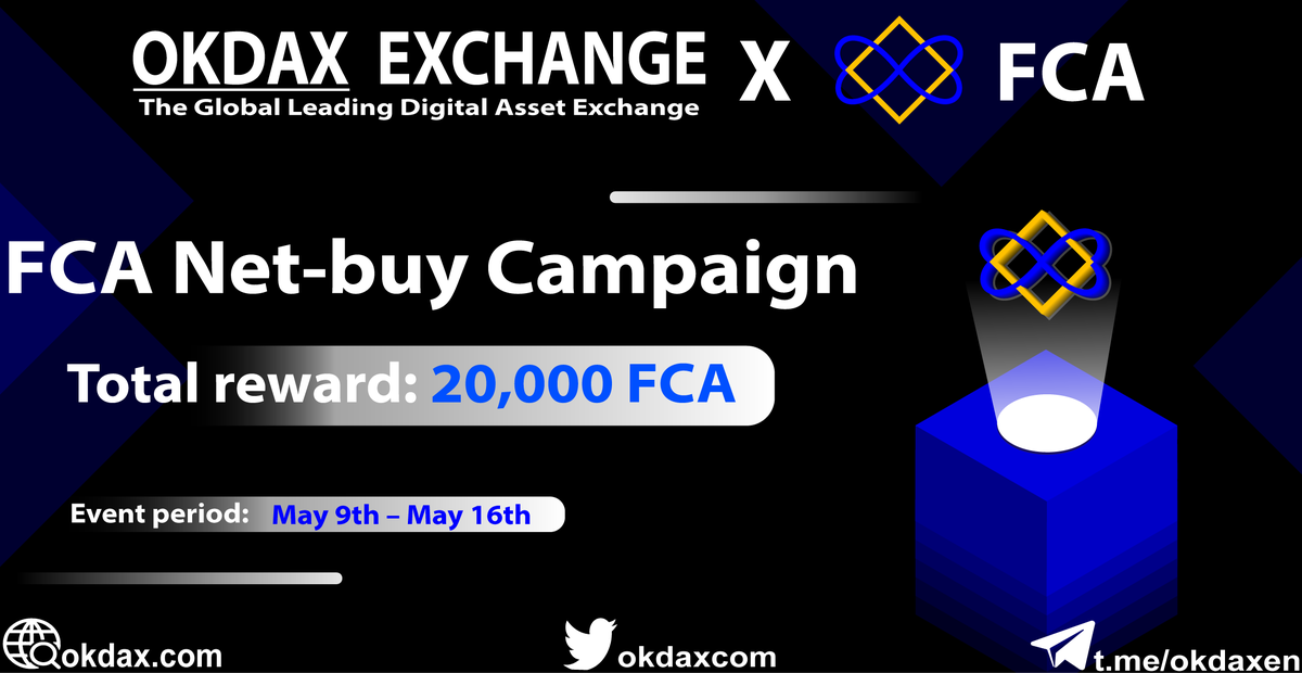 okdaxcom's tweet photo. OKDAX EXCHANGE launches "FCA NET-BUY CAMPAIGN"🎁

Win🎉 your Share of 20,000 FCA tokens.

📈Trading pair: FCA/USDT.

⏳Campaign period: 12:00 (UTC+8), May 9 – 12:00 (UTC+8), May 16 2020.

🔍Campaign Details👉https://t.co/8uAtu3aAbn https://t.co/1Qyvqu9Pjh