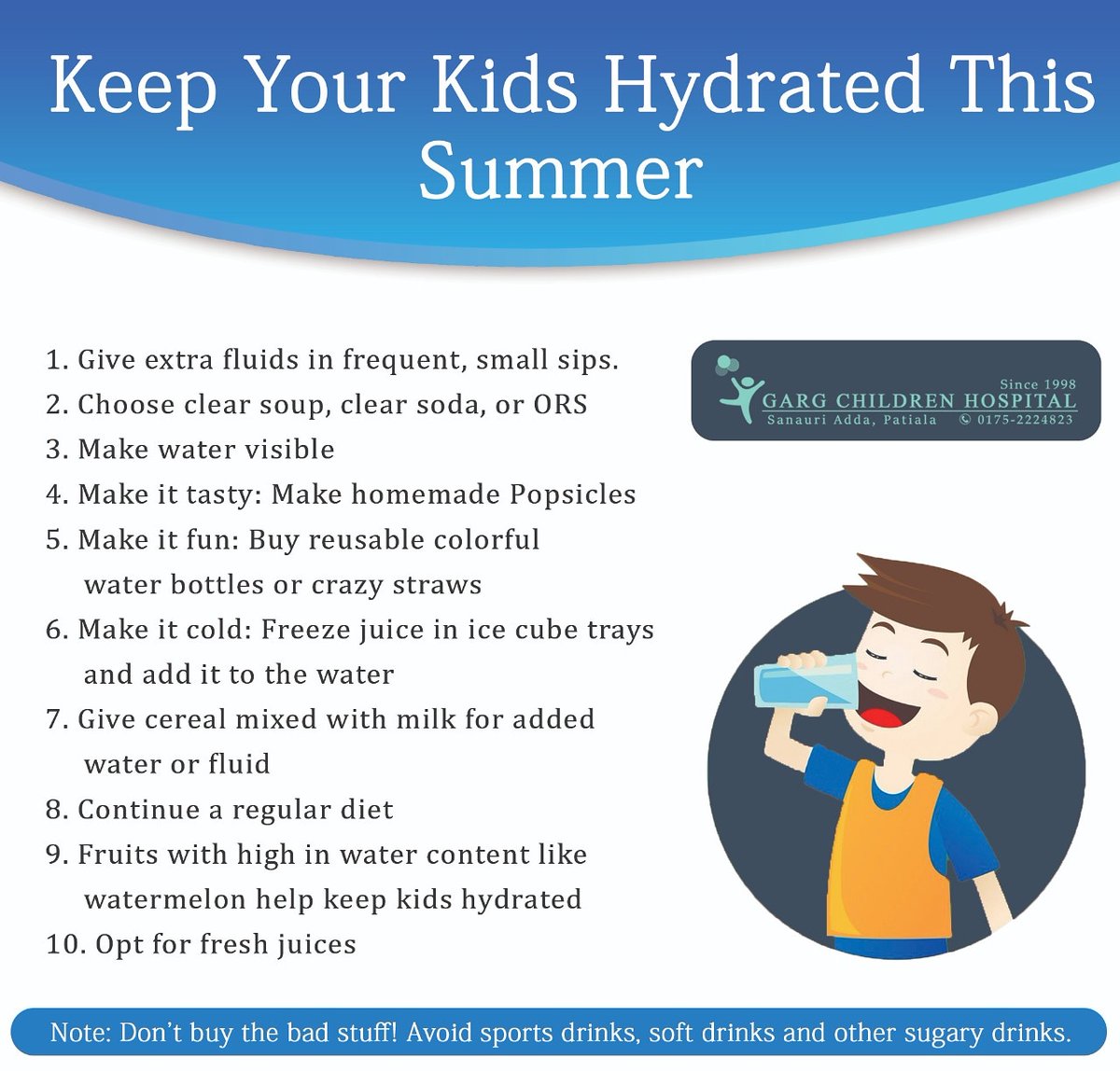 GargHospital's tweet photo. Summers for kids means play, play and more play. They almost forget that they need to stay hydrated. Follow these tips to make sure the kiddos stay healthy and hydrated all summer long.
#GargChildrenHospital #BestHospitalSince1998
#BestinNICU #BestinChildCare #BestinPatiala https://t.co/CP3uu5hbeH
