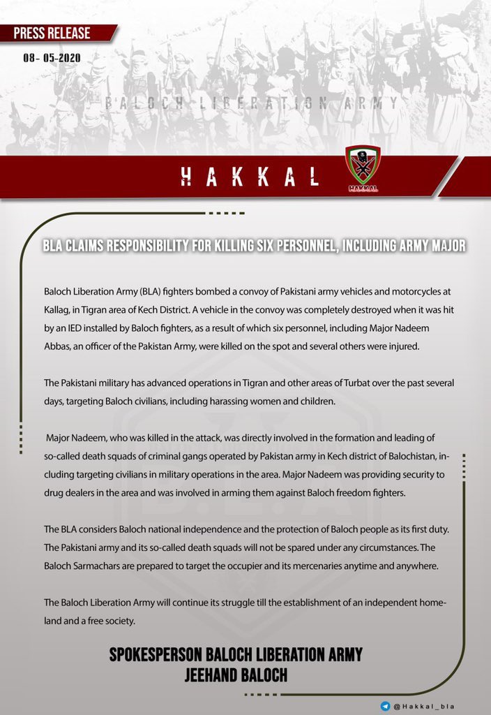 majorgauravarya's tweet photo. Press Release of the BALOCH LIBERATION ARMY (BLA) about the operation they carried out against Pakistan Army yesterday.

BLA says that’s its primary aim is to establish a free and independent Balochistan and protect the Baloch people. https://t.co/2C4BaAlZ3I
