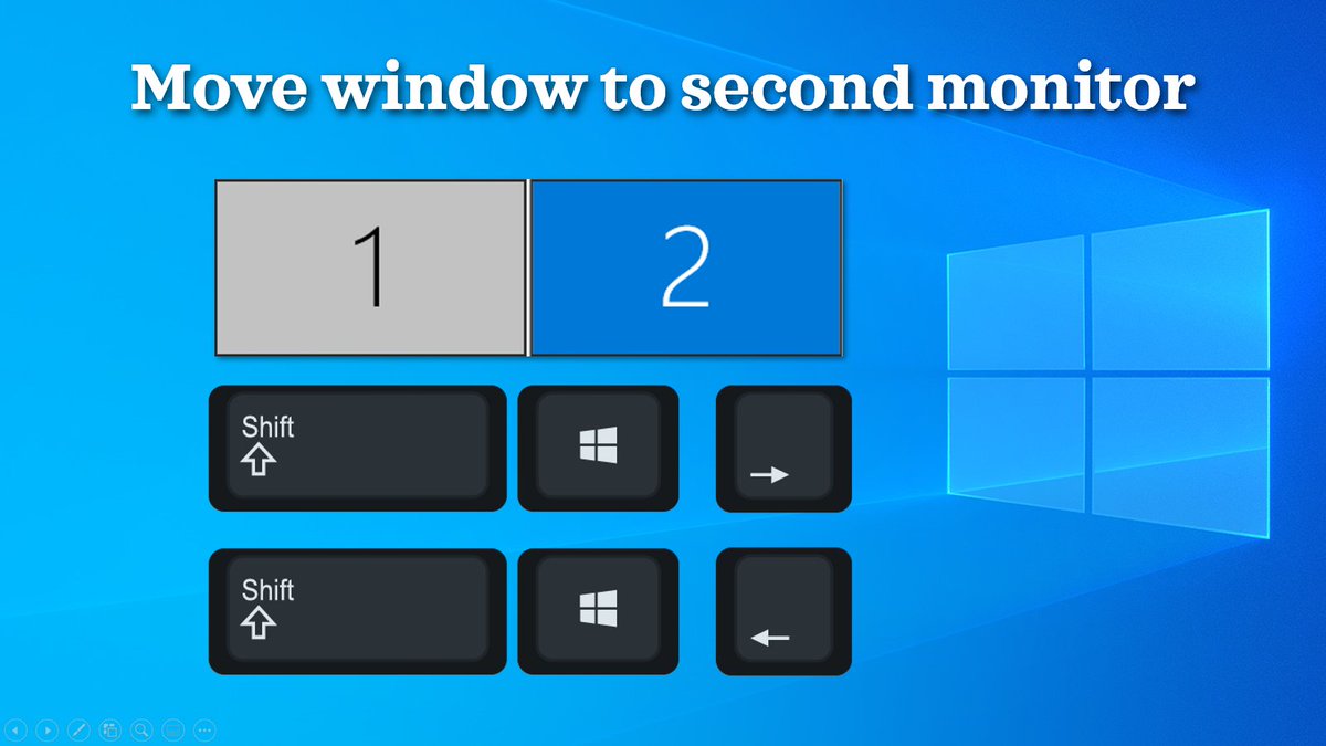 drnitinp's tweet photo. Presenting with multiple monitors? Here is a very useful shortcut - to move any window between the two monitors. No need to struggle and drag manually. Shift Windows Left or Right arrow.

#windows10 #productivityhack #multiplemonitors #wfh #liveevent #remotework https://t.co/Rgd1fRsnKS