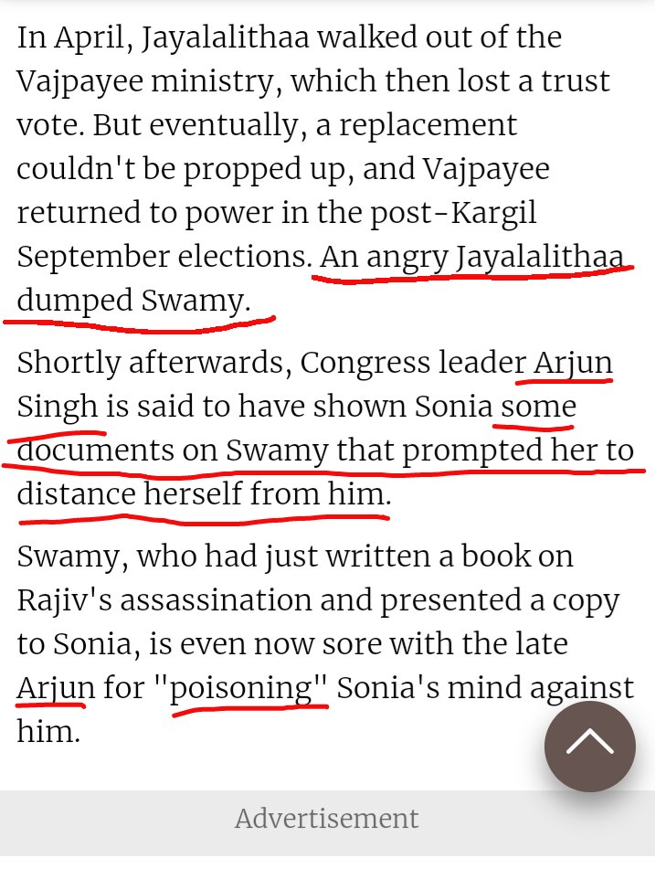 Finally, for all his tiffs with Gandhis,Swamy didn't turned against them out of conviction but the fact that Arjun Singh had warned about Swamy to Sonia which left no choice for the latter.PS-Swamy betrayed everyone only to end up a political joker. 3/3 https://www.telegraphindia.com/india/swamy-and-gandhis-not-always-foes/cid/1516550