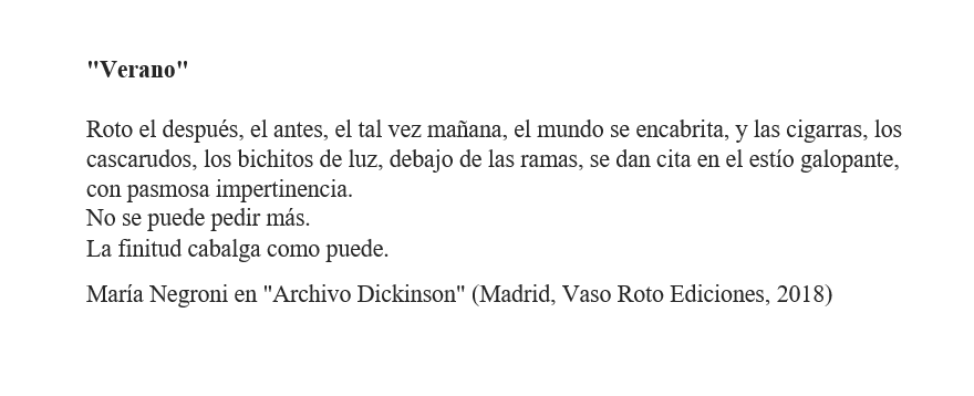 Verano - María Negroni en "Archivo Dickinson" (Madrid, Vaso Roto Ediciones, 2018)