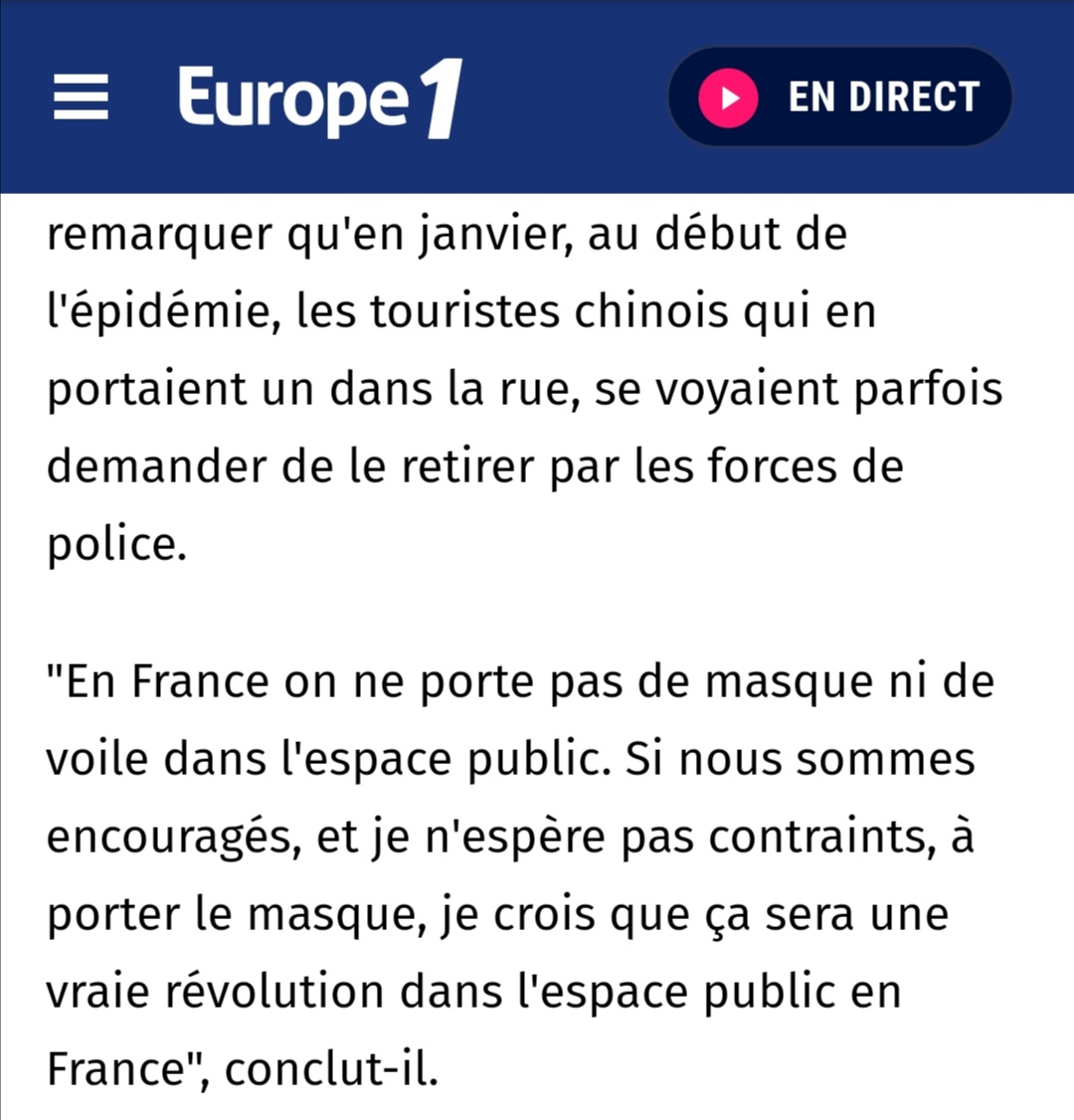 lorientxpress's tweet photo. J'apprends qu'en janvier, alors qu'on savait que la Chine était touchée par le #coronavirus, la police française demandait à des touristes chinois de retirer leurs masques au nom de la loi contre le voile intégral...🤦‍♂️

Quand l'obsession anti-voile passait avant la santé publique https://t.co/5dmsC7JWkA