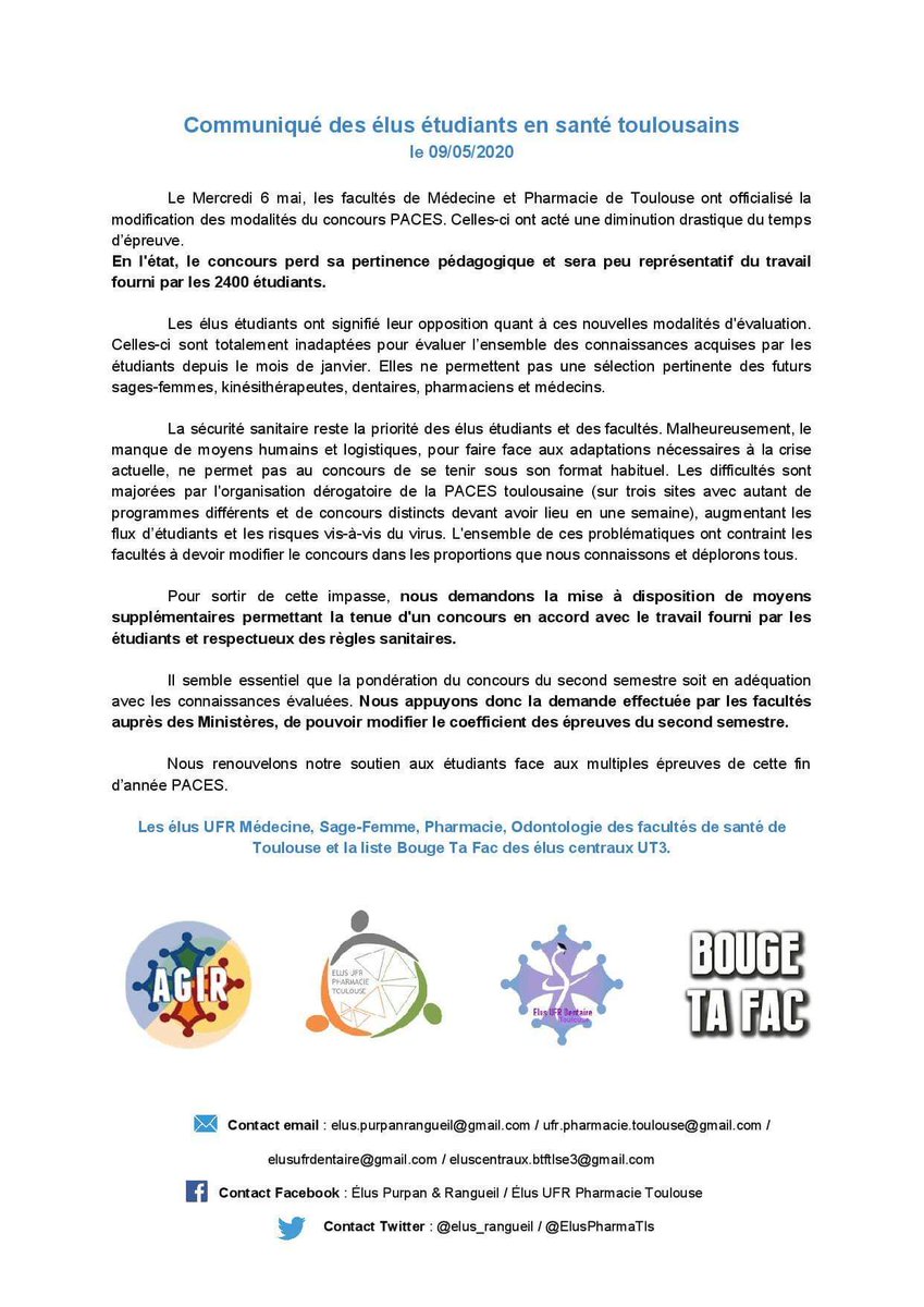 elus_mmp_tlse's tweet photo. Les conditions de la #PACES à @UT3PaulSabatier sont inacceptables
Le @gouvernementFR doit donner les moyens aux facs de garantir la sécurité des #etudiants durant le concours sans que cela nuise à sa qualité. Sans moyens supplémentaires et adaptations des coef, c'est impossible https://t.co/qAaTGDuY7o