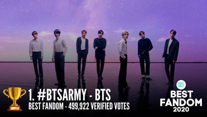 heliumheliumhh's tweet photo. 🏆 FANDOM TERBAIK di #PowerBestFandom2020 !   🌟 Penghargaan ini diberikan kepada ... @BTS_twt ini #BTSARMY !    Penggemar setia mereka mencapai 499.922 suara. Selamat, Army! 🍾 https://t.co/xwAJDu28TJ