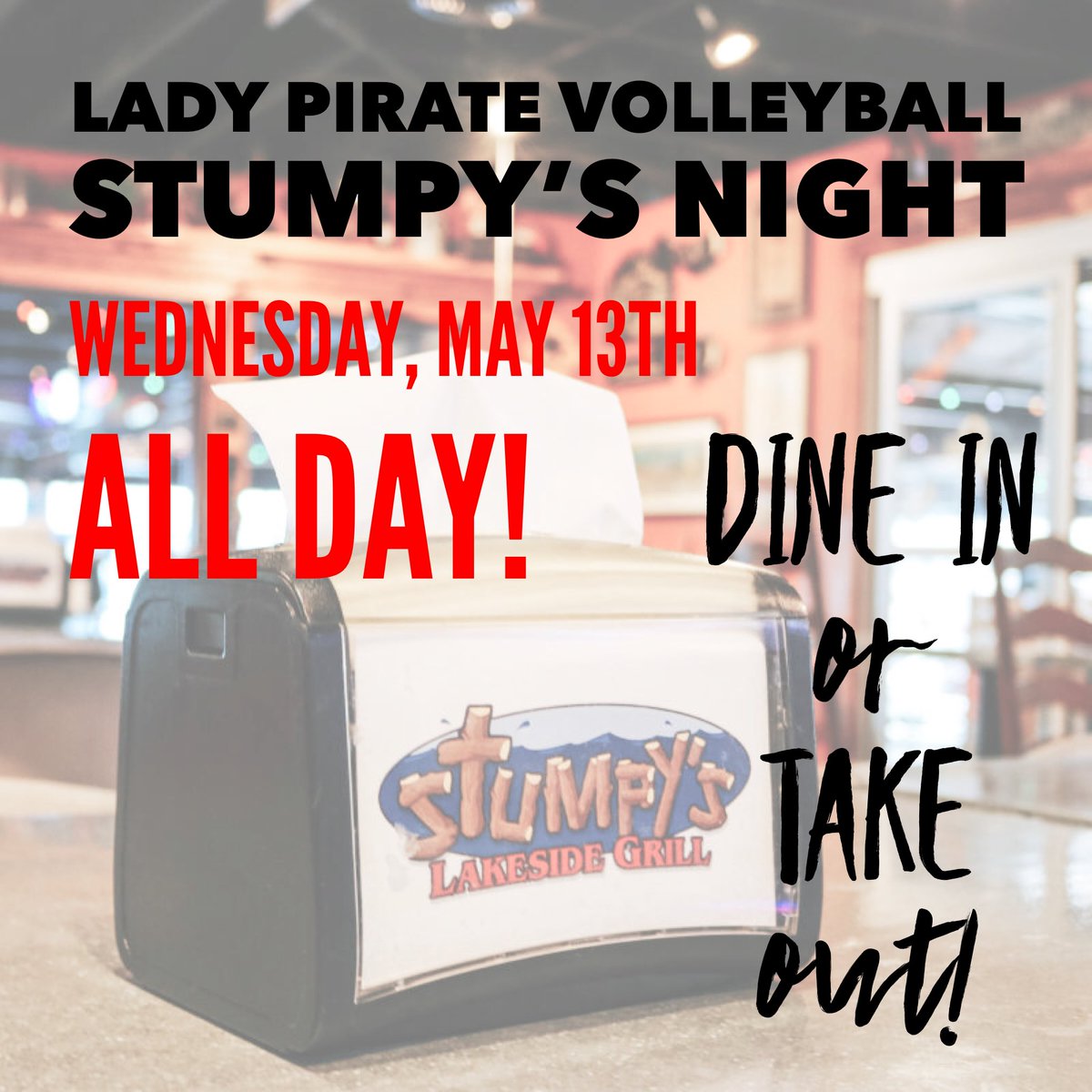Hello everyone! We would really appreciate if you would come by Stumpy’s and dine in or carry out to support Lady Pirate volleyball next Wednesday!
