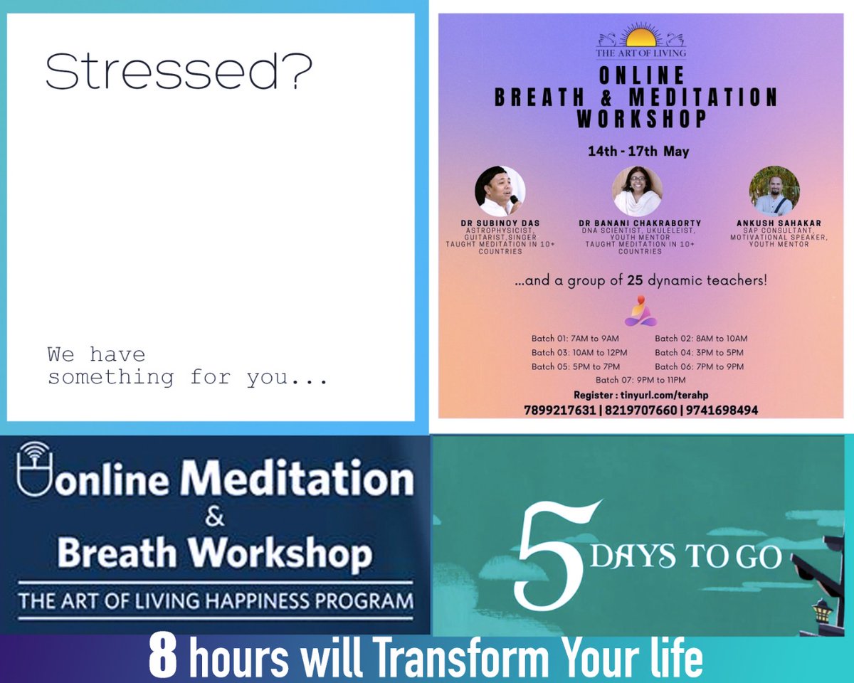 ankush_jgd's tweet photo. JUST 8️⃣ HOURS ⏳ WILL TRANSFORM 🌀 YOUR LIFE!

Join The Art of Living ONLINE
🧘🏻‍♂️  Breath &amp; Meditation Workshop  🧘🏻‍♀️
(The Happiness Program)
With
🔅 Dr Subinoy, Dr Banani, Ankush Shahakar and 25
✅ Date: 14 to 17 May
✅ Time: 7 batches https://t.co/IAqhhQSsKM https://t.co/6EIMH6rkRd