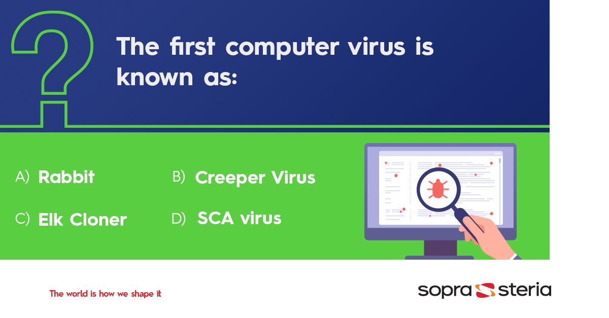 SopraSteria_IN's tweet image. Talking about viruses, which of these viruses do you think was the first one to be detected in a computer system? 

#FirstComputerVirus #TechQuiz #TechTrivia #SopraSteriaIndia #TheWorldIsHowWeShapeIt