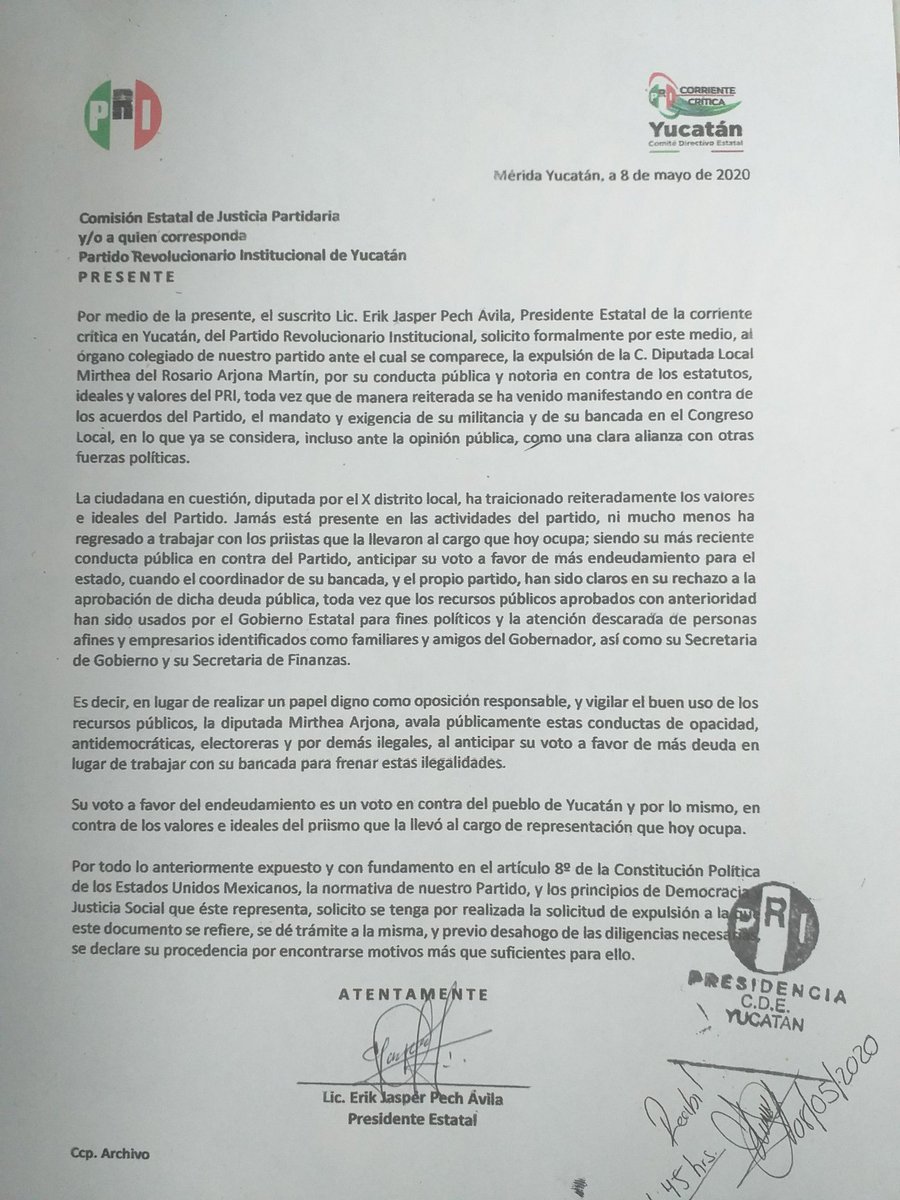 Hoy pedimos ante la Comisión Estatal de justicia partidaria en #Yucatán la expulsión de la Dip. Mirthea  Arjona Martín por ir en contra de los estatutos e intereses del partido al manifestar su voto a favor del  endeudamiento del <a href="/GobYucatan/">Gobierno de Yucatán</a> 
<a href="/alitomorenoc/">Alejandro Moreno</a>  <a href="/GenaroMR_/">Genaro Morales</a>