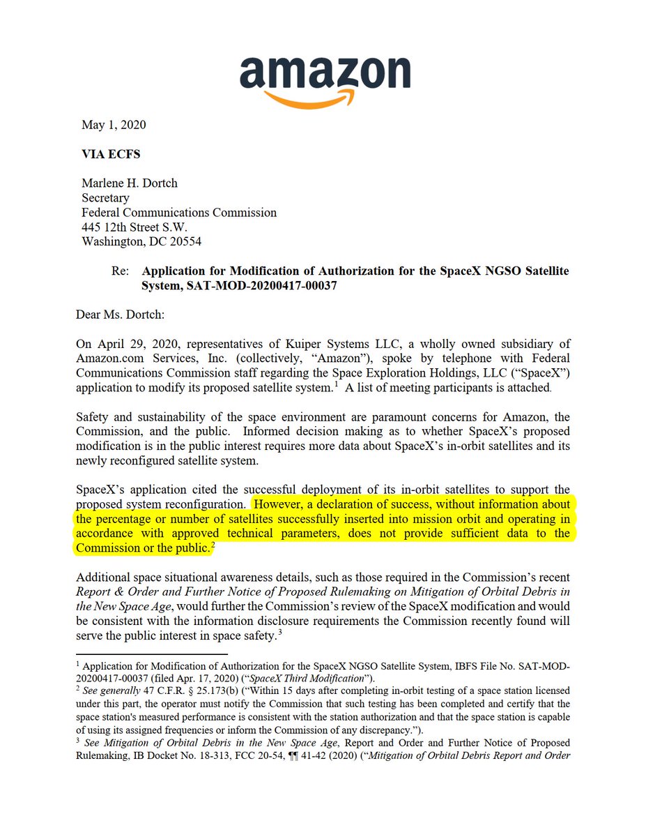 In opposition to  @SpaceX's request to lower altitude of all  #Starlink orbital planes  @amazon argues in  @FCC letter SpaceX should inform public about percentage of sats working nominally, warns sats will intersect with one another & those of  #ProjectKuiper: https://licensing.fcc.gov/myibfs/download.do?attachment_key=2309596