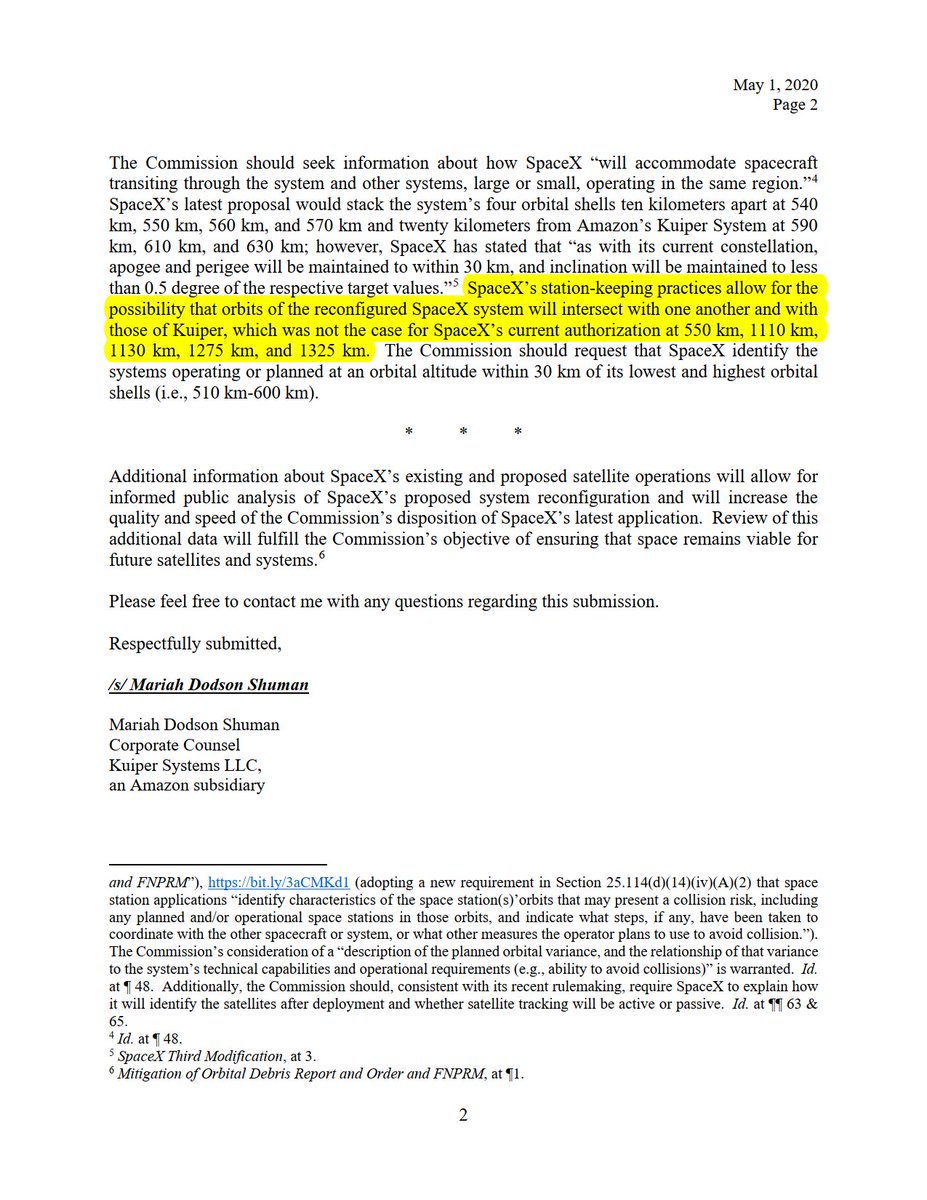 In opposition to  @SpaceX's request to lower altitude of all  #Starlink orbital planes  @amazon argues in  @FCC letter SpaceX should inform public about percentage of sats working nominally, warns sats will intersect with one another & those of  #ProjectKuiper: https://licensing.fcc.gov/myibfs/download.do?attachment_key=2309596