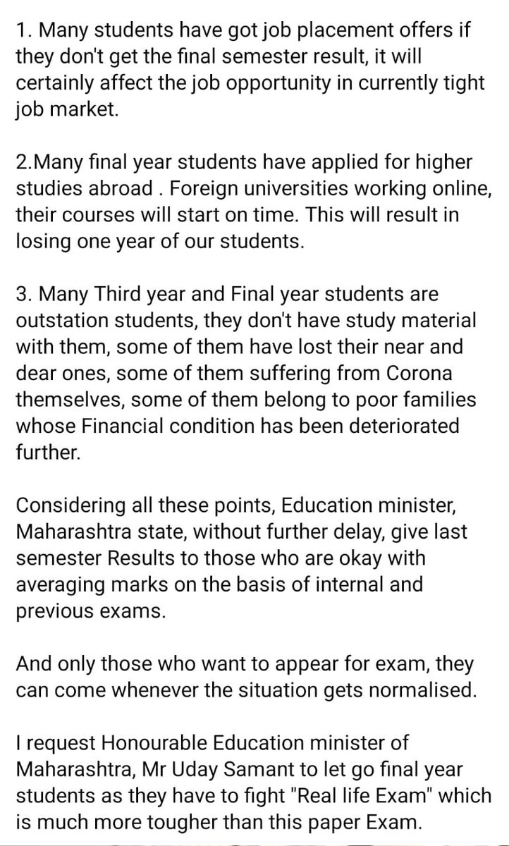 sawant_aditi's tweet photo. Thank you Hon'ble Minister of Education, Maharashtra State, Mr @samant_uday for taking the decision to cancel 1st &amp; 2nd year  undergrad students' exams &amp; promoting them to the next year. However, the same judgement must be declared for third year students. 
Reasons attached - https://t.co/ywRfeo1MLw