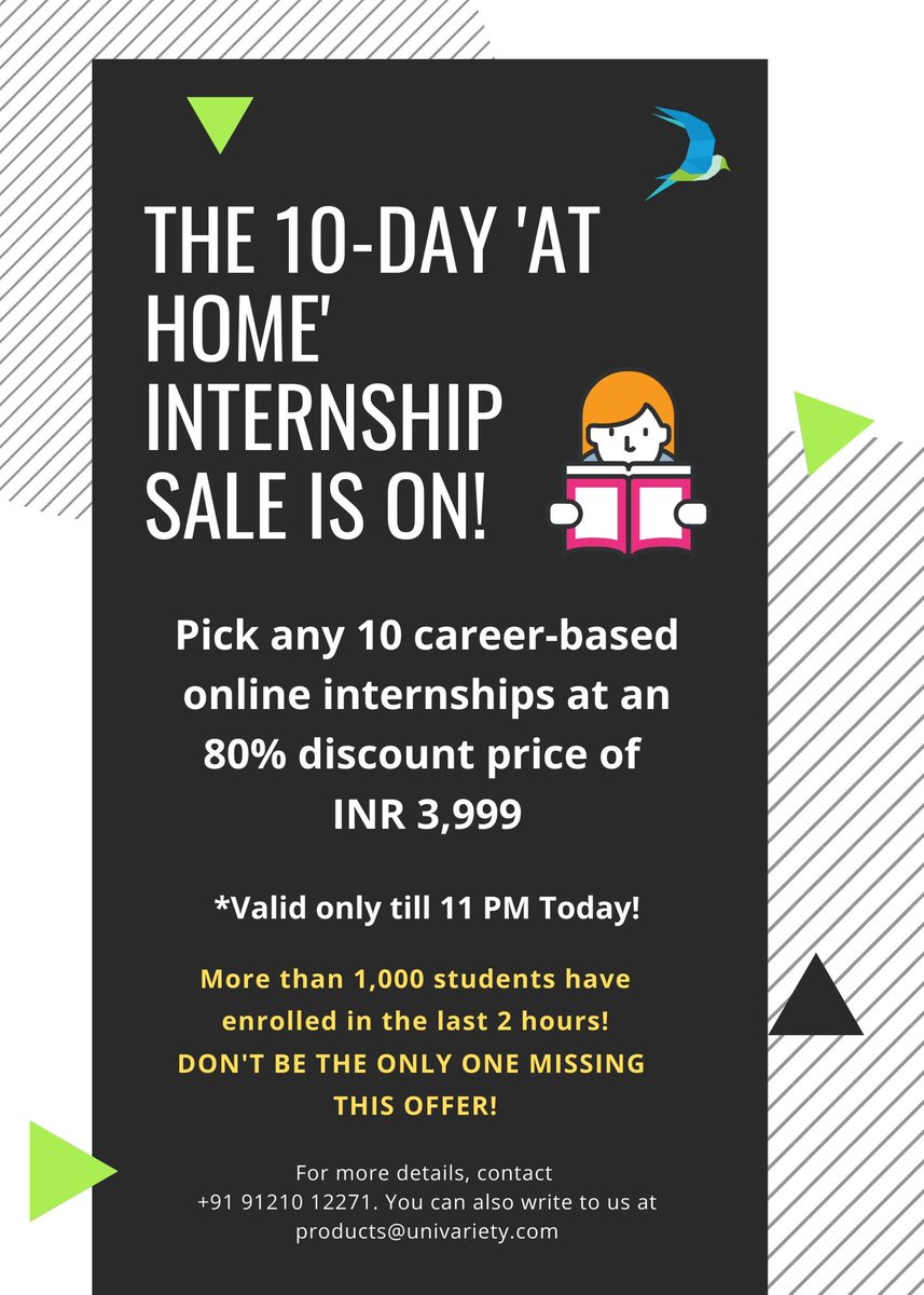 Univariety's tweet photo. The 10-day ‘At Home’ Internship SALE IS ON! Get 10 online internships with certifications at just INR 3,999! Sale ends today at 11 PM. Over 1,000 students have enrolled so far!
10 internships await you. Get started: https://t.co/bl7m7lmnhS
#VirtualInternshipProgram https://t.co/iWC8t4uDmo