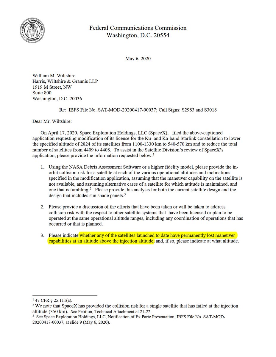 In response to  @amazon's concerns the  @FCC has indeed requested  @SpaceX to reassess collision risk for the lower altitudes and disclose how many  #Starlink satellites have already lost maneuver capabilities at or above injection altitude:  https://licensing.fcc.gov/myibfs/download.do?attachment_key=2320641 @planet4589  @b0yle