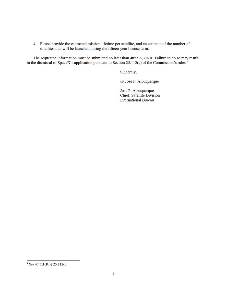 In response to  @amazon's concerns the  @FCC has indeed requested  @SpaceX to reassess collision risk for the lower altitudes and disclose how many  #Starlink satellites have already lost maneuver capabilities at or above injection altitude:  https://licensing.fcc.gov/myibfs/download.do?attachment_key=2320641 @planet4589  @b0yle