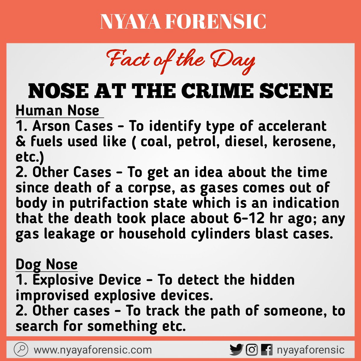 nyayaforensic's tweet photo. #forensic #fact #forensicfacts #factoftheday #forensix #csi #forensicfiles #cbi #fbi #crimescene #crimesceneanalysis #investigation #crimesceneinvestigation #forensicscience #investigationdiscovery #forensicanalysis #casestudy #snifferdog #detectiondog #deathinvestigation https://t.co/JtlrludvWo