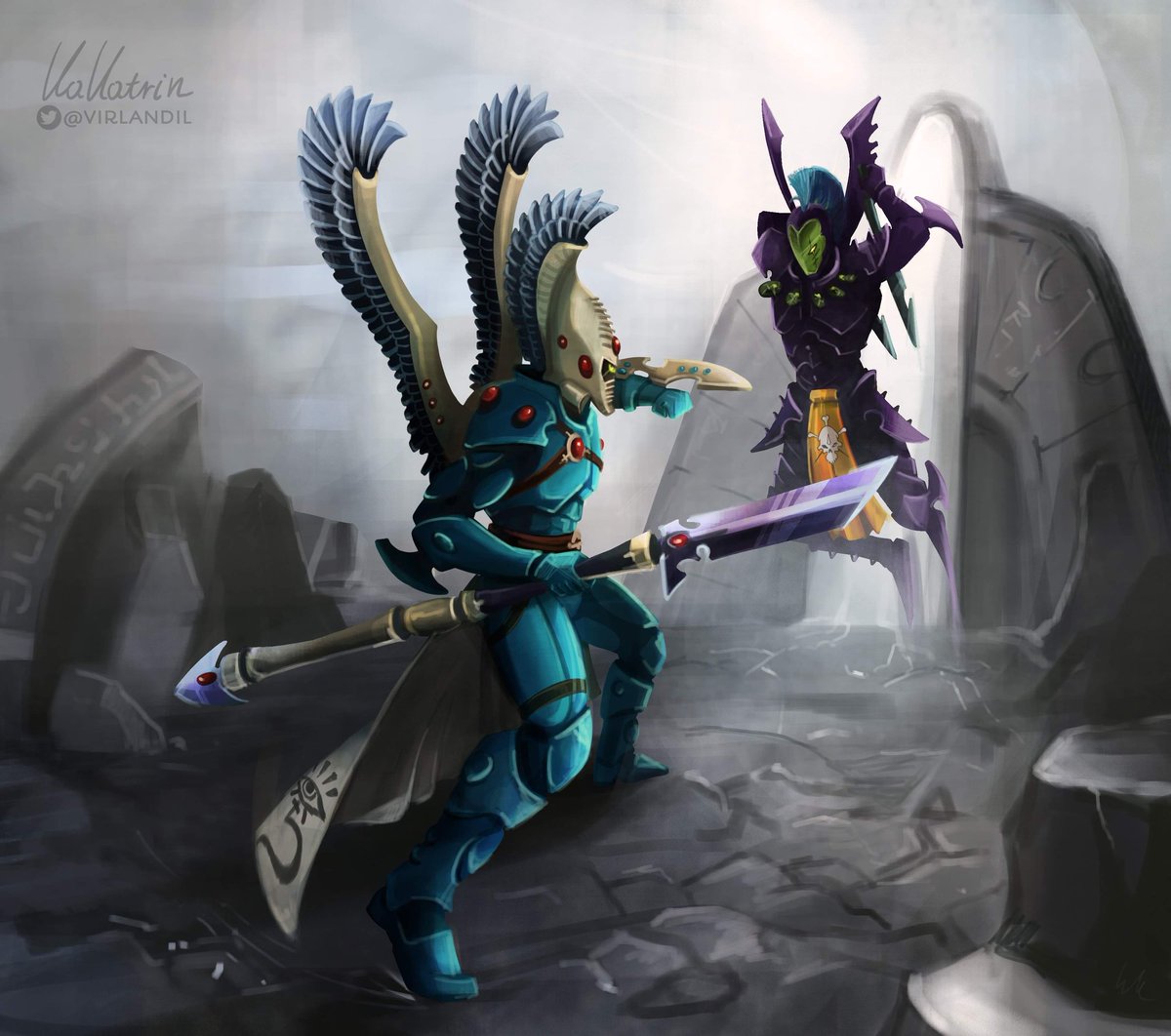 virlandil's tweet photo. Little experiment with different painting style, commission for a friend. ^^
#warhammer40k #eldar #craftworld #commoragh #autarch #incubi #fighting #digitalpainting #commission https://t.co/rvcZaZeRbo