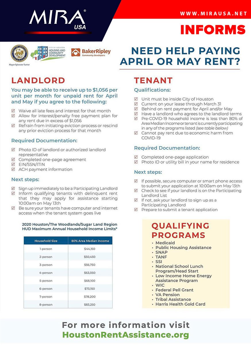 MIRAUSAOficial's tweet photo. #MIRAInforms:

@BakerRipley, through funding provided by the City of #HoustonTX, is offering Rental Assistance for tenants who live within Houston City limits and are experiencing an economic hardship as a result of COVID-19.

More information👇🏻
https://t.co/NKGHvu5Qu9 https://t.co/uLFzYIrv8x