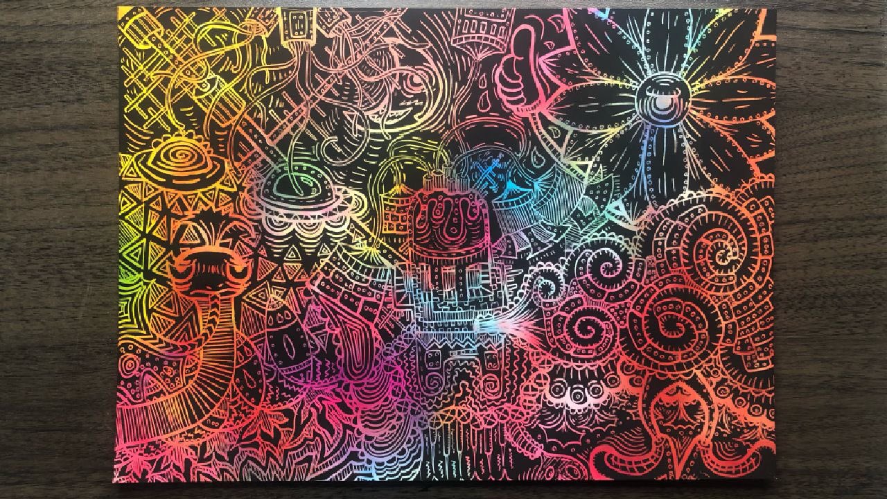 Nobe Ryota Gallery 作品紹介 テーマ 宇宙と機械 右上にはオリジナルの向日葵くん 左下には蛇くん 作成時間 4時間 画材 100均のスクラッチボード 竹串 メイキング動画はこちらから T Co 02qcf8g9qi スクラッチボード