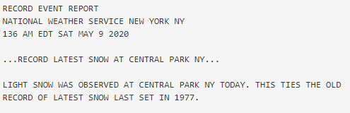 NWSNewYorkNY's tweet photo. ❄❄❄Snow in Central Park! In May! The Central Park Automated Surface Observing System (ASOS) recorded snow. This ties the record latest snow set on this day in 1977. https://t.co/RBOHenr3ZG