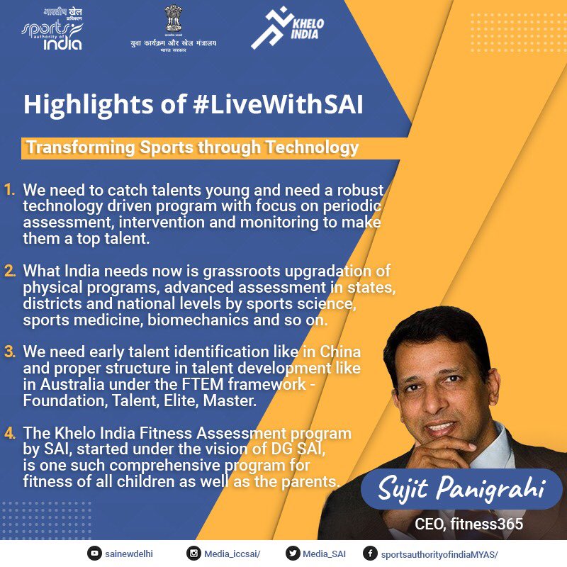 Media_SAI's tweet photo. An interesting workshop on the role of technology in sports transformation by @sujitpanigrahi, CEO of fitness365, is now available on YouTube.
▶️https://t.co/jes0fwuktI
#LiveWithSAI #IndiaFightsCorona
@KirenRijiju @DGSAI @RijijuOffice @PIB_India @PMOIndia @IndiaSports https://t.co/2RlenBSd66