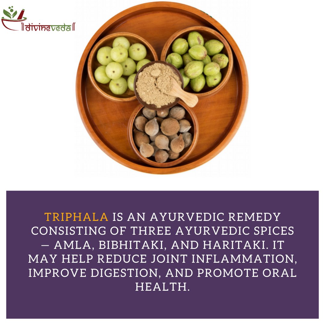 Divineveda1's tweet photo. Health Benefits of Triphala:

1. Anti-Inflammatory Properties
2. May Protect Against Certain Cancers
3. Protect Against Dental Disease and Cavities
4. Aid Weight Loss
5. Reduce Diabetes

#ayurveda #healthy #healing #healthcare #ayurvedicmedicine #antidiabetic #triphala https://t.co/k4kbMzdxW5