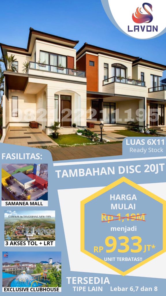 evashaw2512's tweet photo. Rumah siap huni , jangan lewatkan promo terbaik Lavon, cukup bayar 77% dari harga rumah 😍
Fasilitas clubhouse bintang 5

More Info :
Eva - 082122211195 https://t.co/I4w6x3G2GE