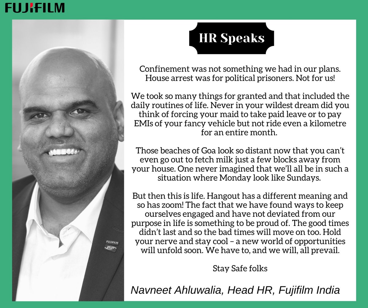 Fujifilm_India's tweet photo. "They say if the good times didn't last so the bad times will move on too" confabs Mr. Navneet Kumar Ahluwalia, Head HR on the prevalent situation while sharing his optimistic approach.
.
.
.
#HRSPEAKS #MentalHealth #Fujifilm https://t.co/R0lSXWm33P