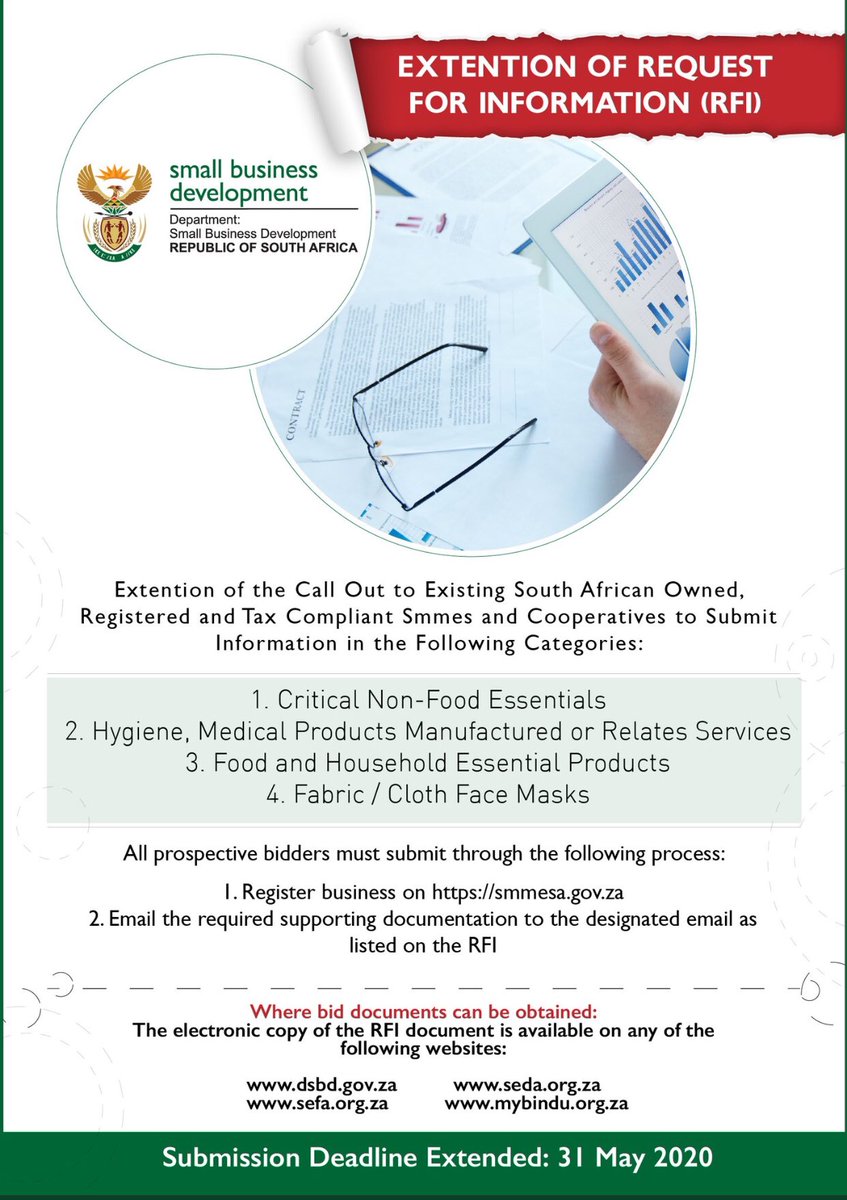 Call out for SA owned, Tax Compliant SMMEs and Co-operatives Producing Essential Goods to Submit Information Extended to 31 May 2020
RFI documents: seda.org.za/WhatsHappening…
