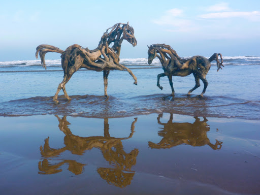 Heather Jansch, British sculptor known for creating life-sized sculptures of horses from driftwood #womensart
