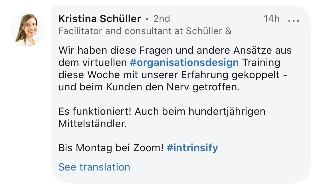 Wieder eine Stimme aus unserem virtuellen LIVE Training für Organisationsdesign. Wir fragen uns langsam, ob wir je wieder Präsenzseminare machen sollten. Das neue Format scheint wirksamer und flexibler. Was meint Ihr?