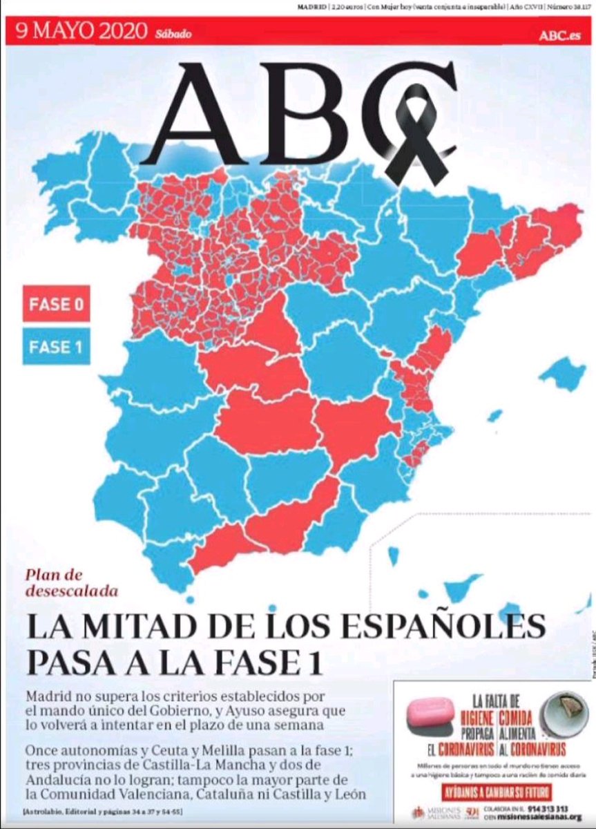 Zones en phase 1 (en bleu) et zones en phase 0 (en rouge): le déconfinement différencié commence lundi prochain en 🇪🇸. Les habitants des zones 1 pourront se déplacer librement dans leur territoire, jusqu'à 10 personnes s'y réunir, et prendre un ☕ en terrasse. Les 0 attendront.