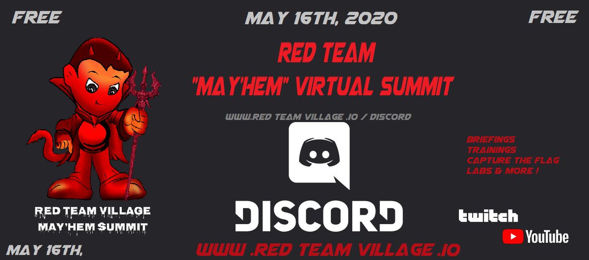 RedTeamVillage_'s tweet photo. You can join the @defcon #DEFCON Red Team Village @VillageRedTeam  #Discord channel here: https://t.co/XLsqNBzqnz 
Next Saturday is the Red Team May'Hem Virtual Summit ! https://t.co/E3C9wrkl0I