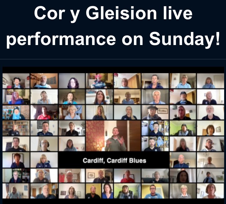 CorYGleision's tweet photo. Sunday night spoiler alert! We’ve joined forces with @cardiff_blues for a very special performance which’ll be live on their Facebook/YouTube channels tomorrow night! 🏉🎶 Rydyn ni wedi ymuno â @cardiff_blues ar gyfer perfformiad arbennig a fydd yn fyw ar eu sianeli nos Sul yma! https://t.co/K2nAXkL4QL
