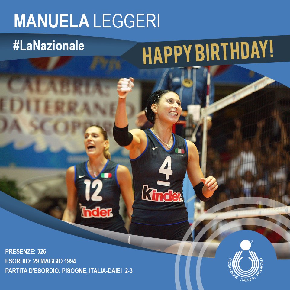 #CompleanniAzzurri🎂🇮🇹
Con #LaNazionale👕medaglia di bronzo🥉agli Europei nel 1999 e argento🥈a quelli del 2001, nel 2002 invece conquista una splendida medaglia d'oro🥇ai Campionati Mondiali 👏🙌
Facciamo tutti insieme gli #auguri a Manuela #Leggeri💙🏐🎉
 
 #9maggio #HappyBday
