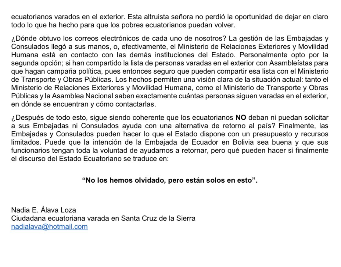 “No los hemos olvidado, pero están solos en esto”
La realidad de los ciudadanos ecuatorianos varados en Santa Cruz de la Sierra - BOLIVIA sin que el estado ecuatoriano haga nada. Léanlo por favor. <a href="/larepublica_ec/">La República EC</a> <a href="/soyfdelrincon/">Fernando Del Rincon</a> <a href="/elcomerciocom/">El Comercio</a> <a href="/CarlosVerareal/">Carlos Vera</a> <a href="/CNNEE/">CNN en Español</a>