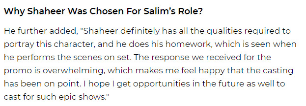 ~*Shaheer is the Best Choice for Salim*~ - Casting Producer of Salim Anarkali..He didn't Gave Any Audition for Salim Character.. He Involved in Casting Sonarika.. It is V.V Rare.. in ITV #ShaheerSheikh  #DEMSA